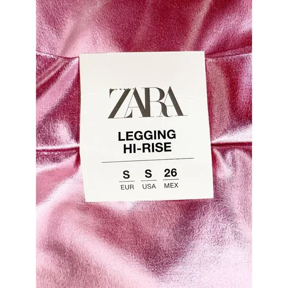 Zara Metallic Shiny Legging High Rise Pants in Pink NEW S - Picture 4 of 13
